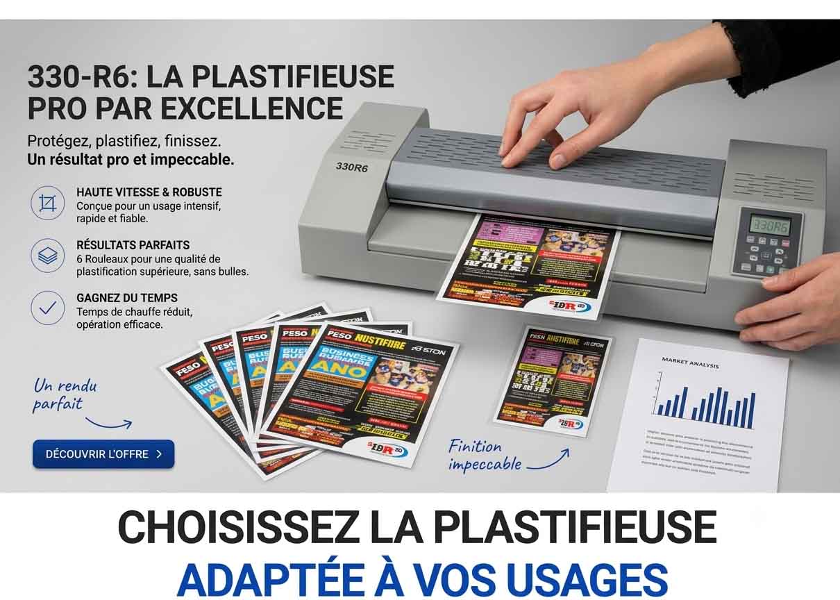 Votre future plastifieuse professionnelle A3 ? Conçue pour offrir une plastification rapide (145 cm/min) et de haute qualité, de la carte de crédit au A3, la 330-R6 répond à vos besoins avec efficacité