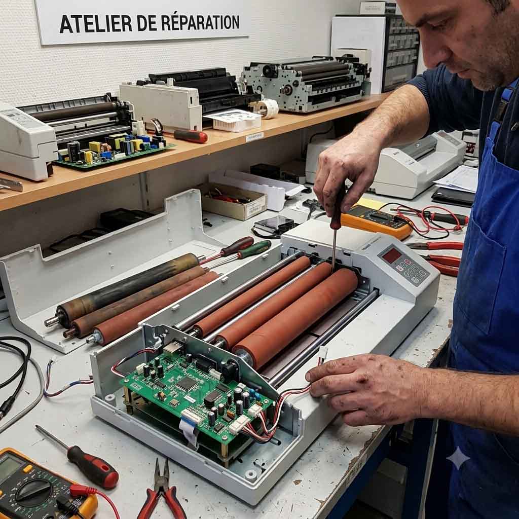 Réparation en SAV et changement des rouleaux d'une plastifieuse