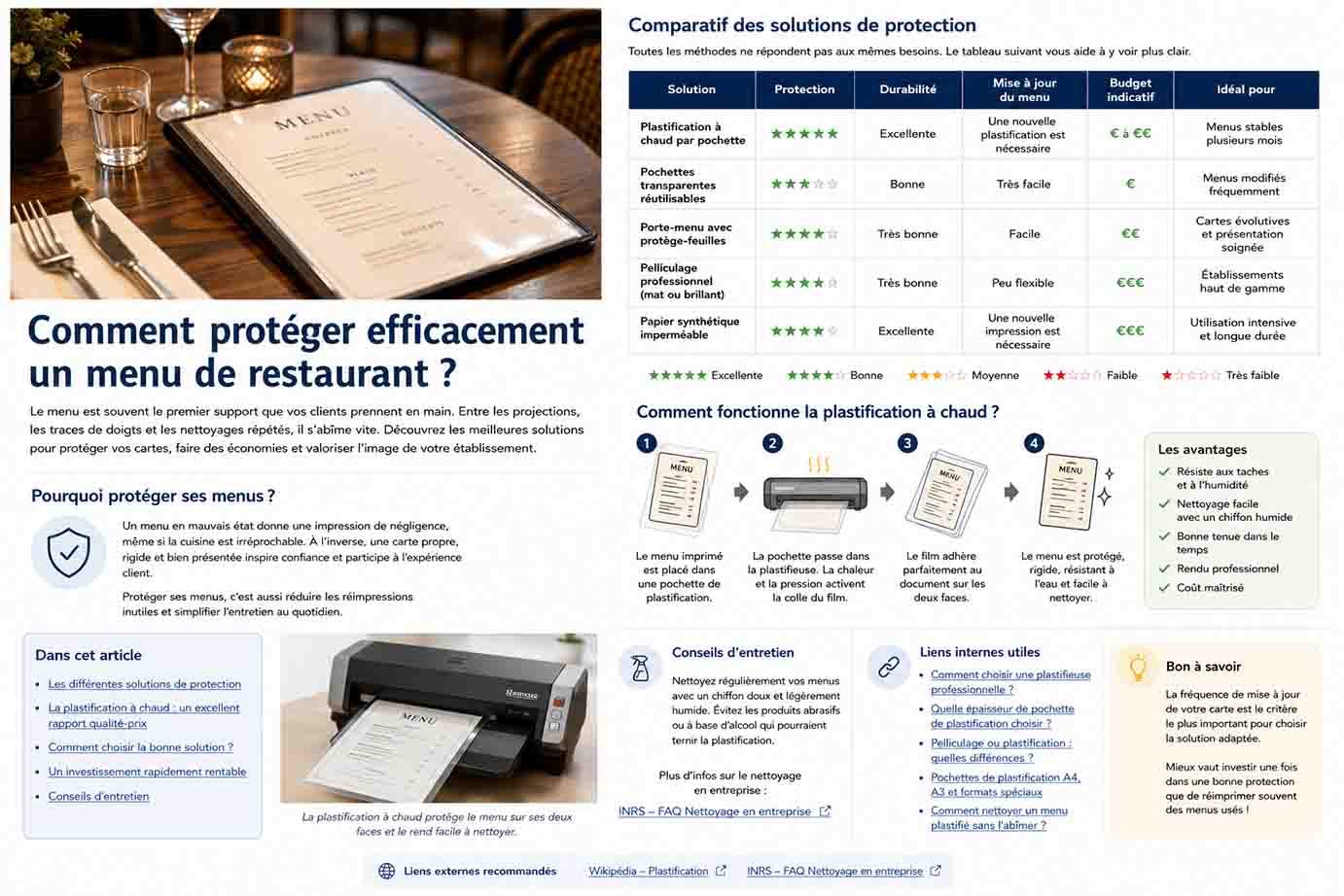 Menu de restaurant protégé et présenté sur une table