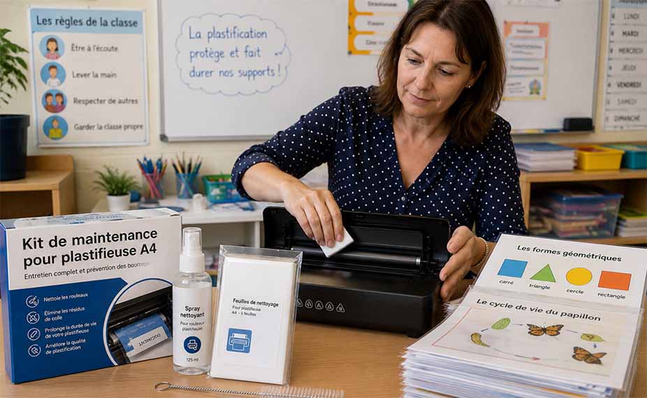 enseignante nettoyant sa plastifieuse