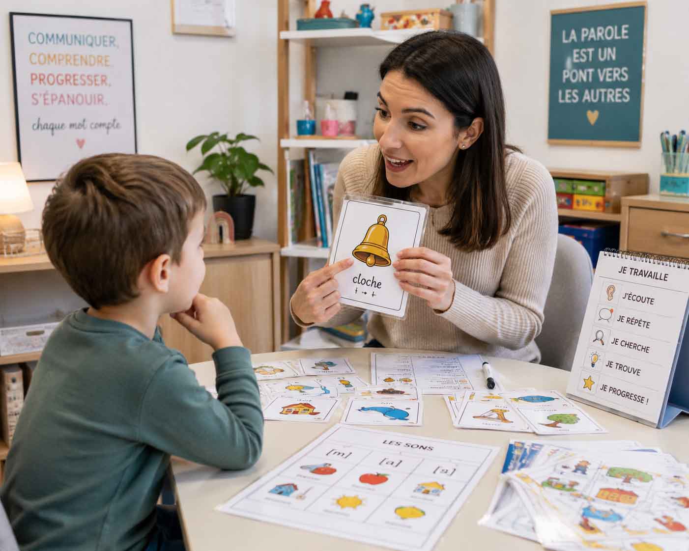 Supports pédagogiques plastifiés utilisés en cabinet d'orthophonie